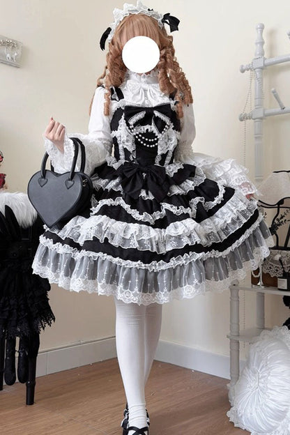 Love and Heart Flutter Sleeveless Multi-Layered Ruffle Bowknot Lace Pearl Sweet Lolita Jsk Dress
