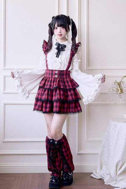 Crimson Three-Tier Tartan Ruffle Goth Jirai Kei Strap Dress