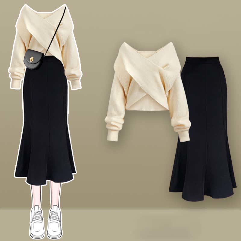 Cross Knit V-neck Skirt Pieces Sweater Two Fishtail
