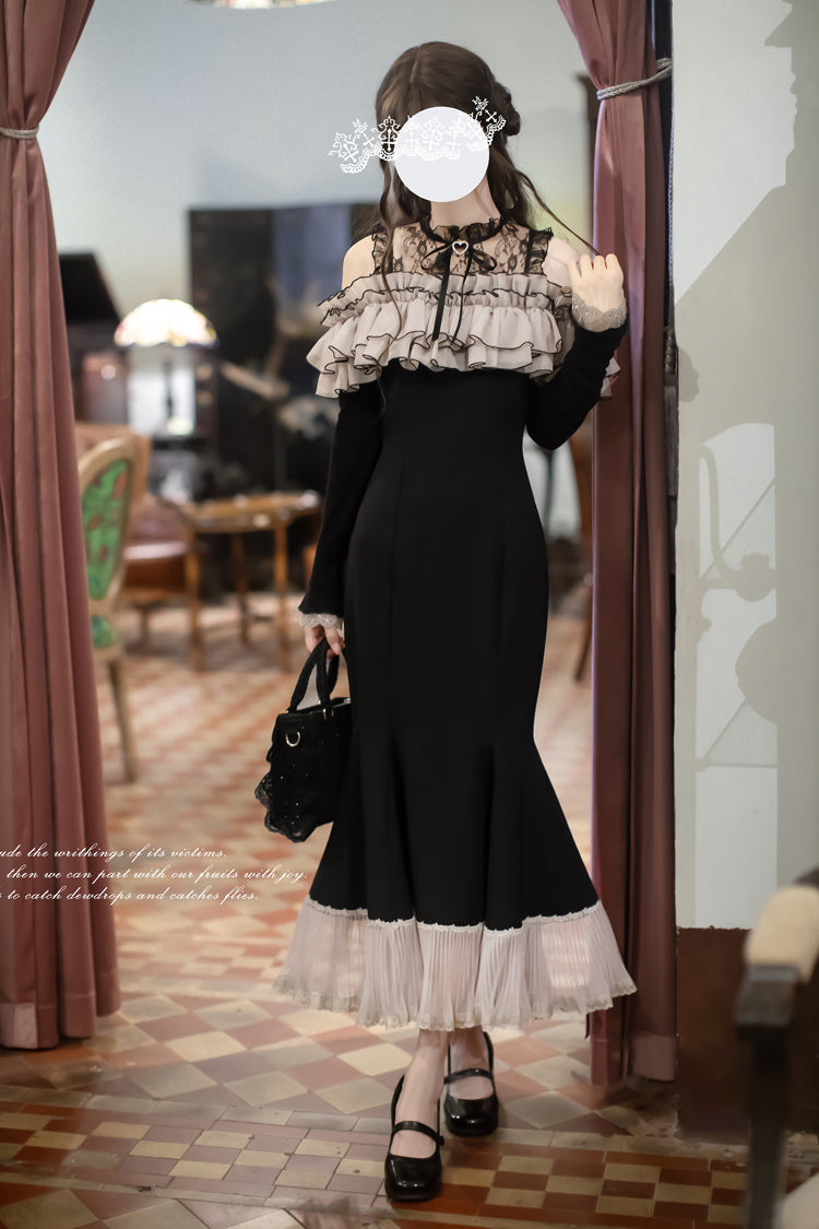 Ruffled Bowknot Fishtail Sweet Elegant Long-Sleeve Dress