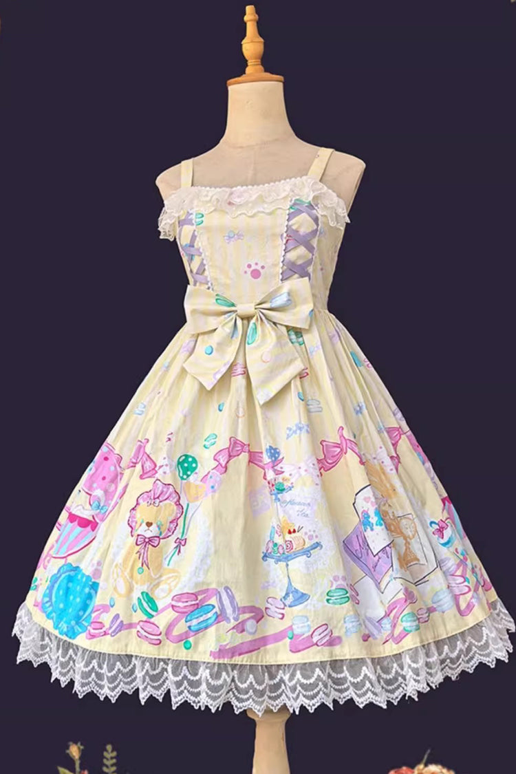 Macaron Dolly House Sleeveless Print Bowknot Lace-Up Sweet Lolita Jsk Dress Colors