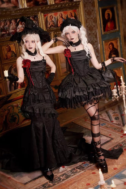 Gothic Lolita Skirt with Multi-Layered Jacquard and Ruffled Witch Design