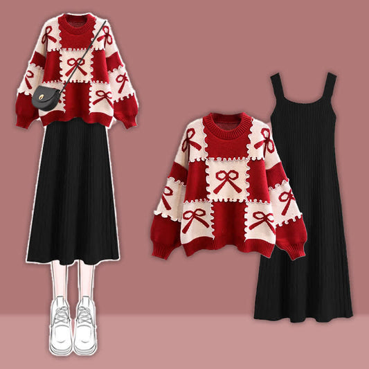 Red Bow Knot Print Colorblock Sweater Slip Dress Set