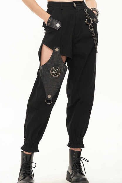 Womens Long Pants with Chain Accents and Leather Trim