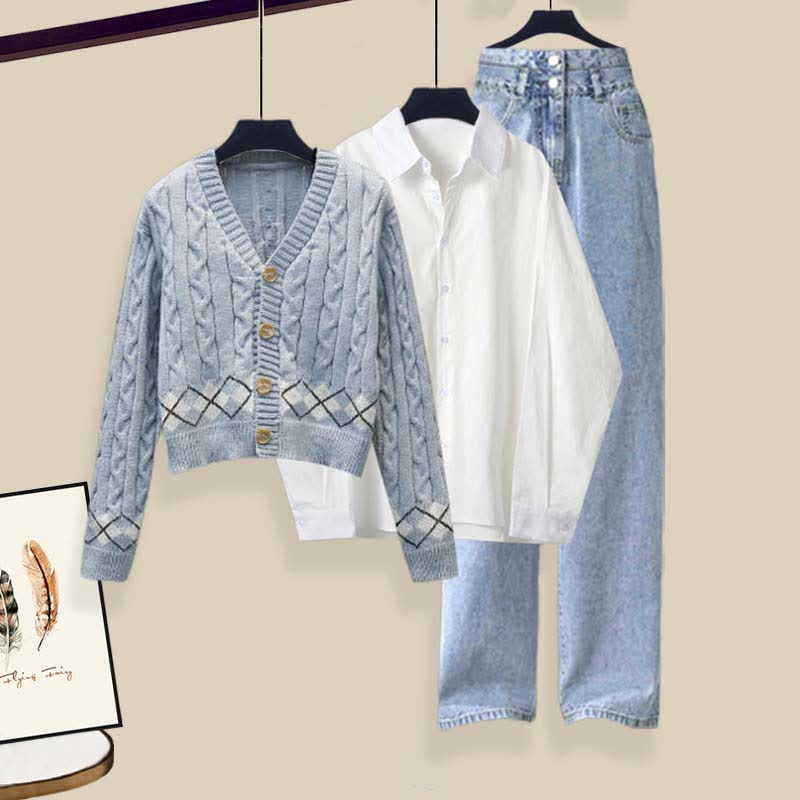 Rhombus Pants Shirt Sweater Set Print Denim Lapel