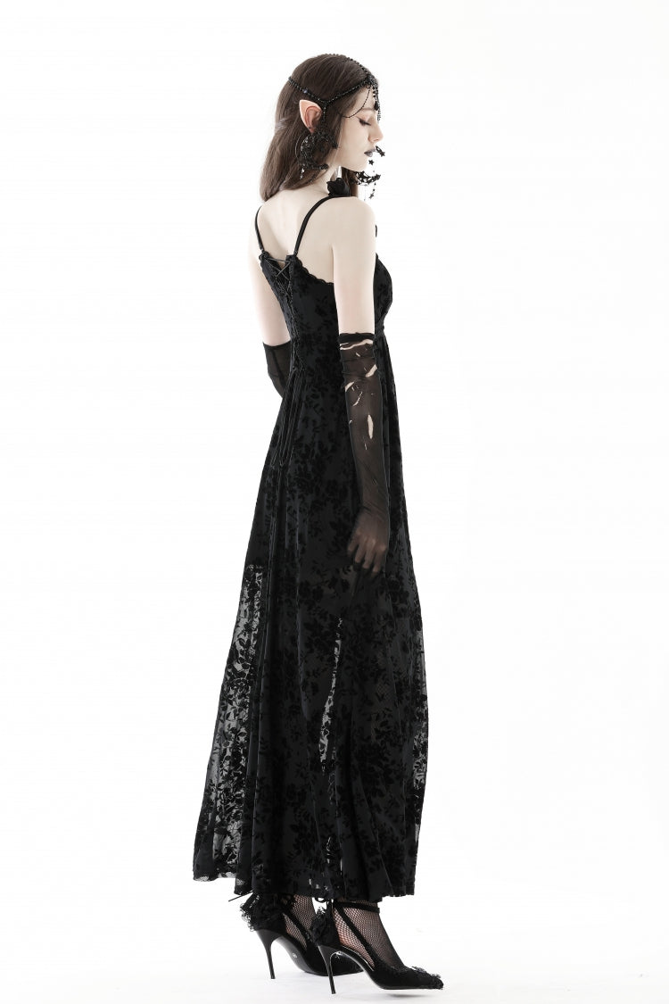 Maxi Rose Print Gothic Slip Dress with Lace-Up Back - NoirEdge