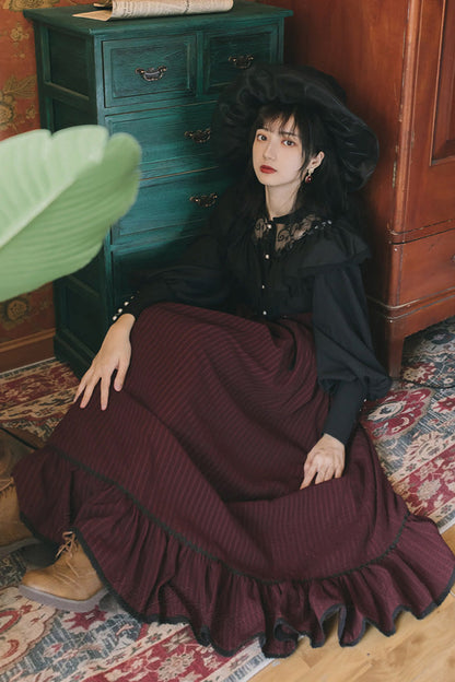 Black Red Long Sleeves High Waist Print Lace Gothic Vintage Lolita Dress Set