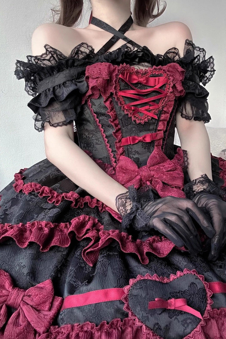 Elegant Gothic JSK Dress with Triple Ruffles and Bow - Noir