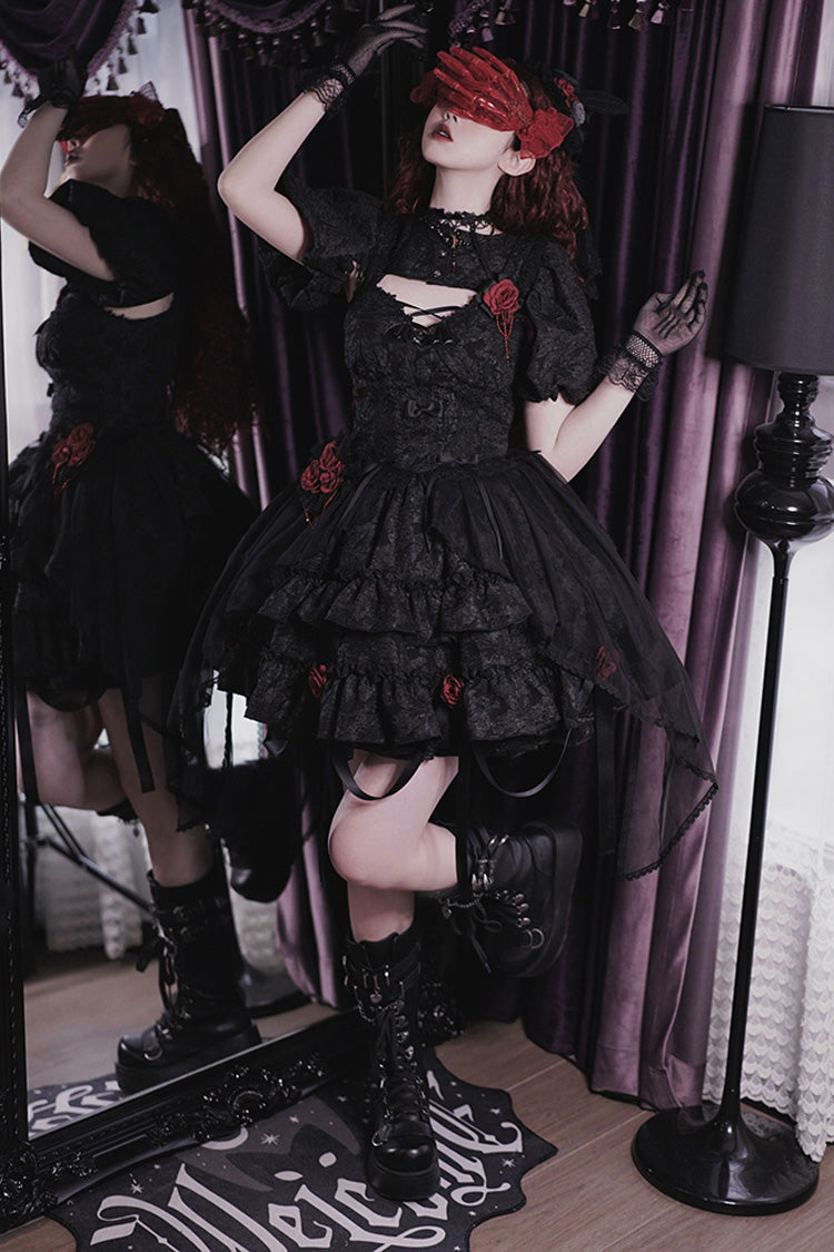 Weeping Rose Double-Layer Ruffle Embroidered Bow Lace Gothic Ballet Set