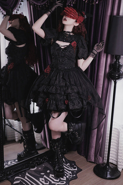 Weeping Rose Double-Layer Ruffle Embroidered Bow Lace Gothic Ballet Set