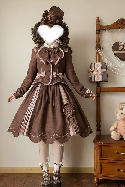 Brown Teddy Chocolate Bar Print Embroidered Bow Lace-Up Classic Lolita JSK Skirt