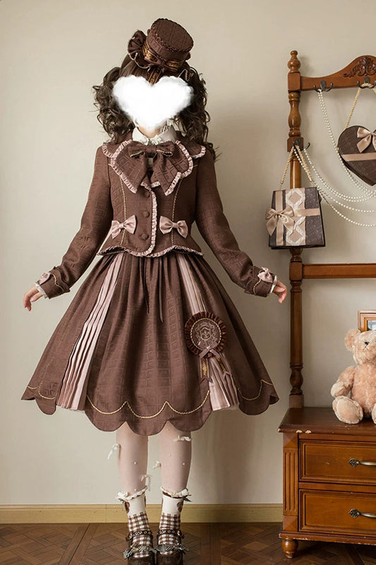 Brown Teddy Chocolate Bar Print Embroidered Bow Lace-Up Classic Lolita JSK Skirt