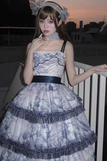 Multihued Layered Cloud Print Ribboned Lolita Jumper