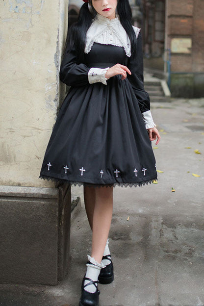 Black Gothic Lolita OP Dress with Cross and Punk High-Waist Style