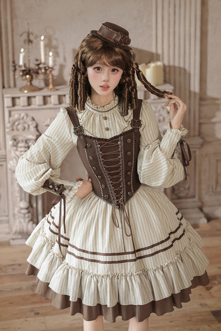 At Sunset Round-Collar Lantern-Sleeved Double-Layered Printed Ruffled Classic Lolita Dress in Beige and Brown, 2 Versions