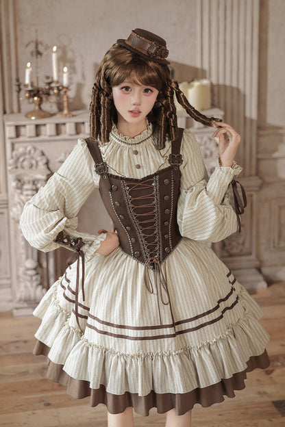At Sunset Round-Collar Lantern-Sleeved Double-Layered Printed Ruffled Classic Lolita Dress in Beige and Brown, 2 Versions