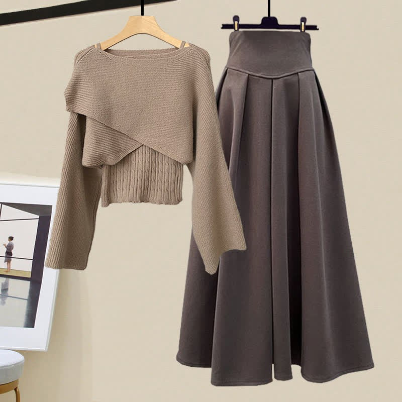 Chic Cable Sweater Top Waist Cross High Knit Cami Skirt