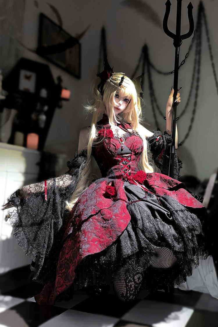 Weeping Rose Jacquard Lolita Dress with Lace-Up Cardigan - Noir
