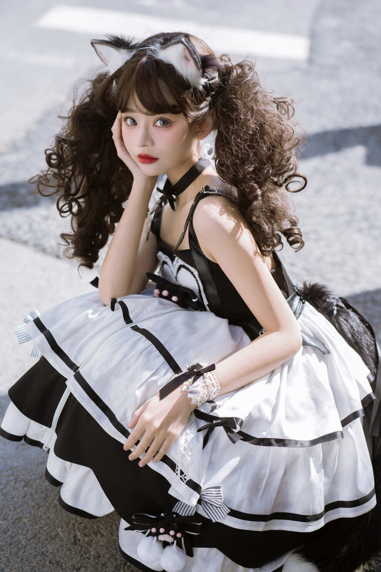 Black/White Sweet Lolita Triple-Layered Ruffle Bowknot JSK Dress