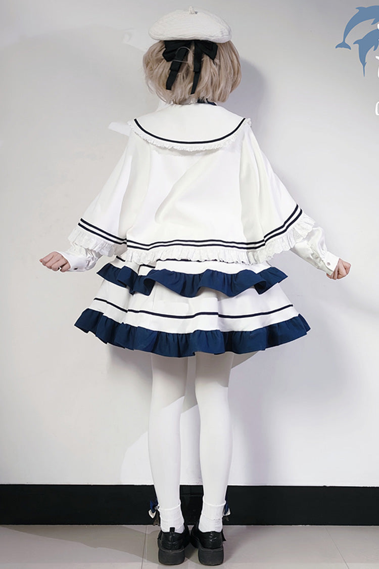 White Long Sleeve Double-Layer Ruffle Sweet College Lolita Dress