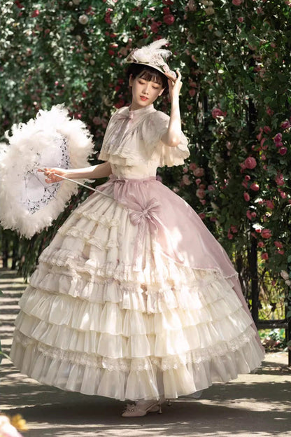 Bellflower Print Ruffled Lace Sweet Princess Gown