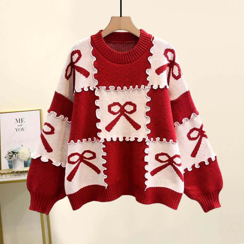 Red Bow Knot Print Colorblock Sweater Slip Dress Set