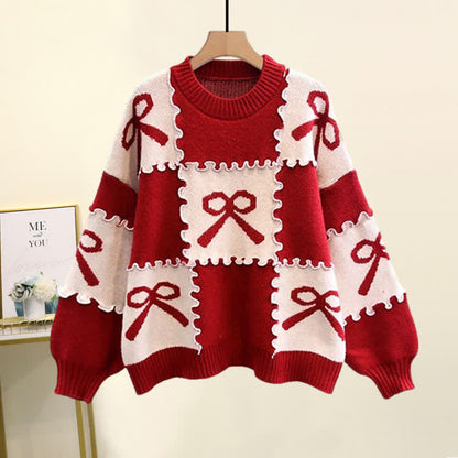 Slip Bow Red Dress Print Colorblock Sweater Set Knot