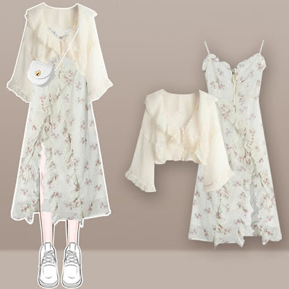 Dress Print Set Cardigan Floral Slip Split Elegant