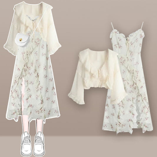 Dress Print Set Cardigan Floral Slip Split Elegant
