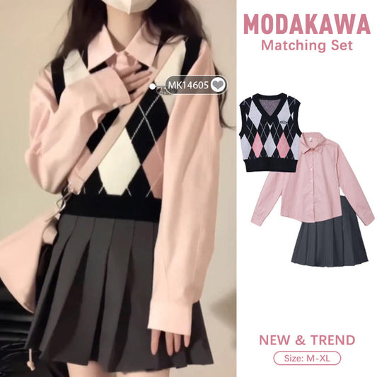 Skirt Pink Sleeve Pleated Rhombus Print Shirt Long Vest