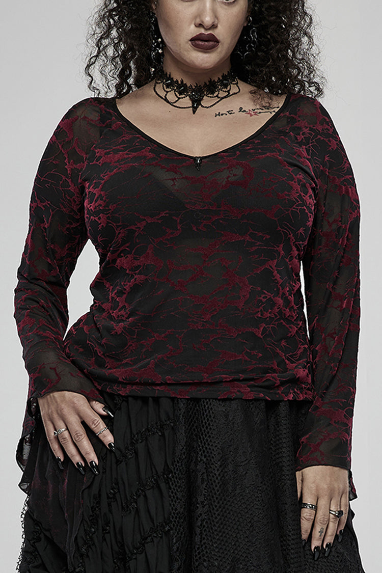 V Neck Stretch Mesh Abstract Pattern Flared Cuffs Plus Size Gothic Tee