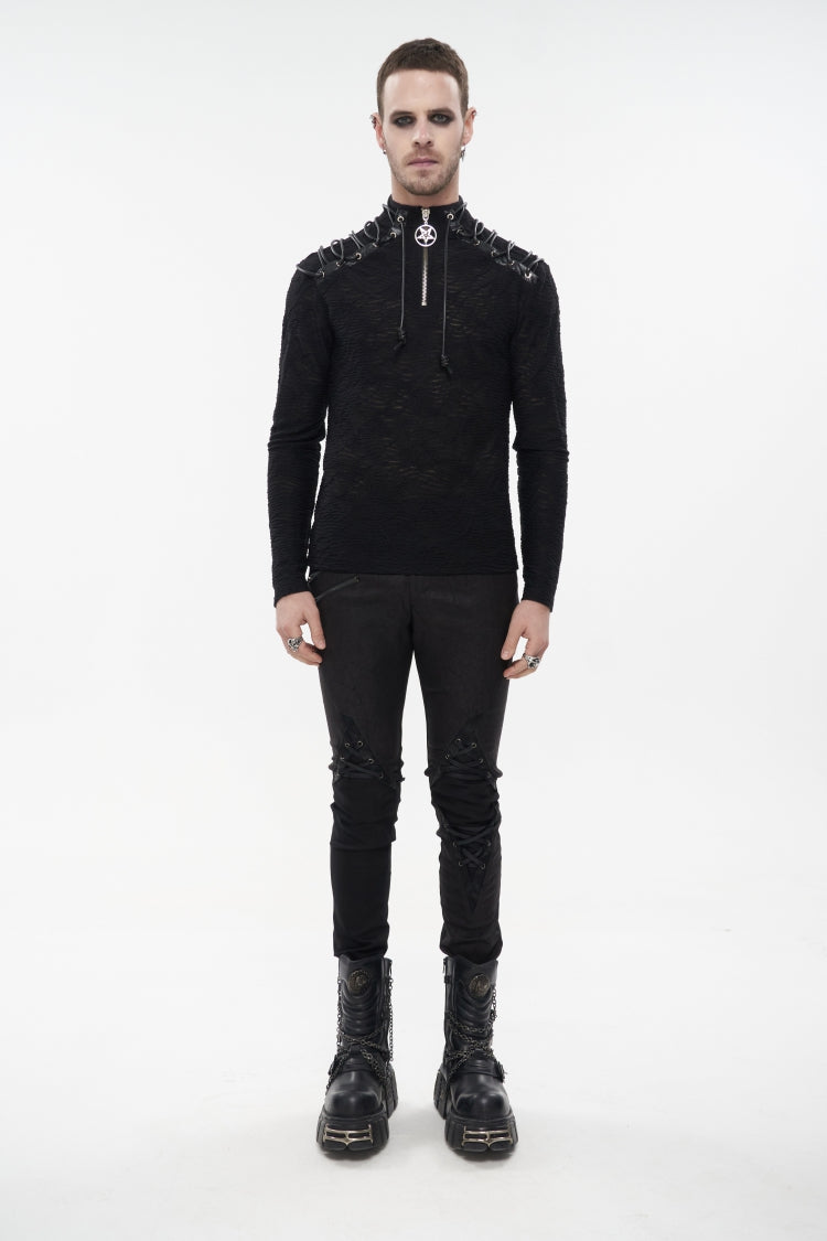 High Collar Lace-Up Pentagram Embellished Long Sleeve Tee