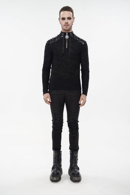 High Collar Lace-Up Pentagram Embellished Long Sleeve Tee