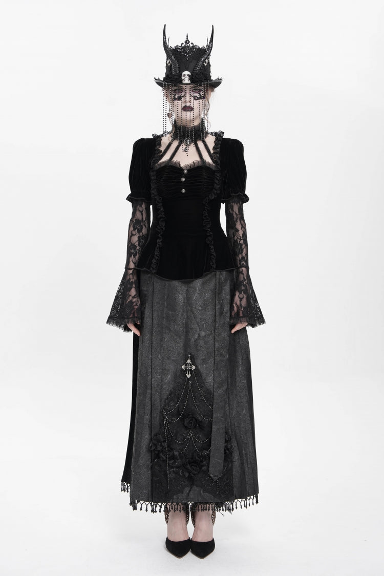 Faux Two-Piece Velvet Blouse with Eyelet and Pleats