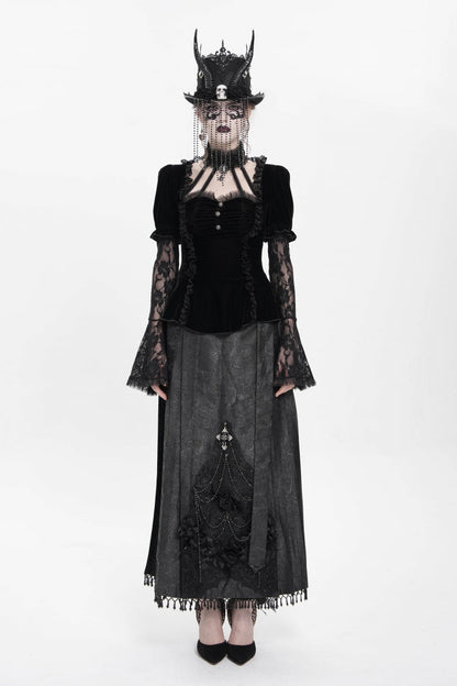 Faux Two-Piece Velvet Blouse with Eyelet and Pleats