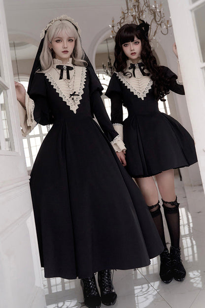 Letters and Poems Nocturne Nun Long Sleeves Ruffle Gothic Lolita Short Dress