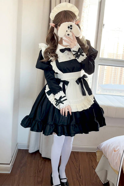 Black White Maid Long Sleeve Ruffle Bow Sweet Plus Size Lolita Dress Full Set