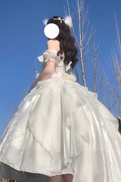 White Cindy Rose Halterneck Sleeveless Ruffle Bowknot Sweet Elegant Lolita Jsk Dress