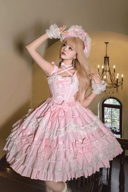 Pink Super Cute Belia Sleeveless Triple-Layered Ruffle Bowknot Lace Sweet Elegant Lolita Jsk Dress