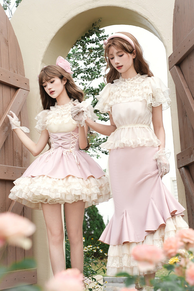 Pink Multi-Tier Ruffle Bow Lace-Up Sweet Lolita Corset Gown - Love Diary