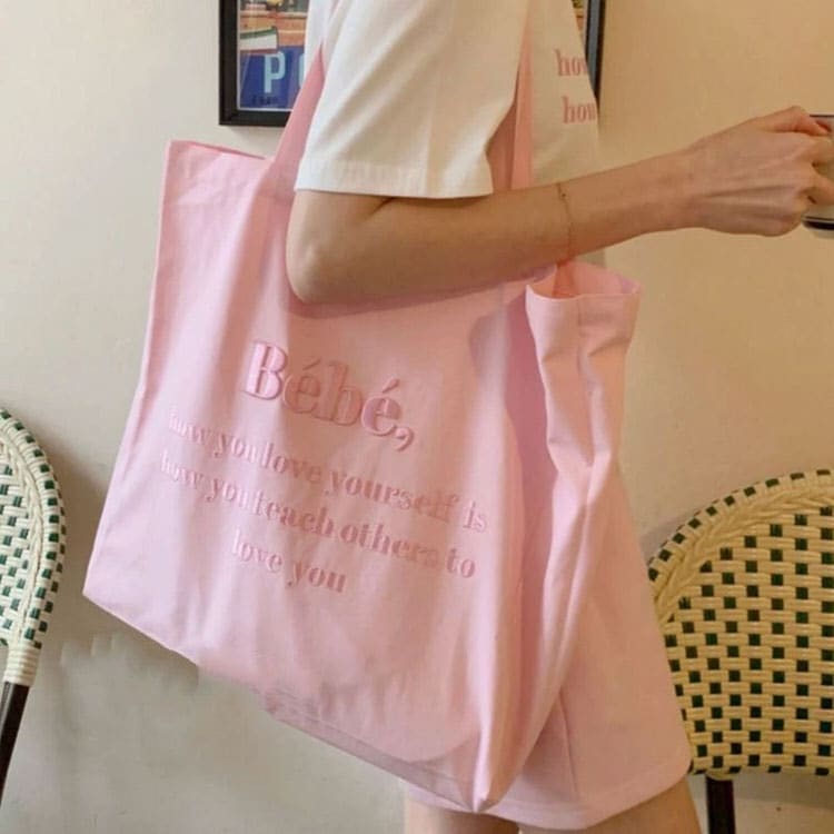 Canvas Embroidery Tote Bag - Standart / Pink - Handbags