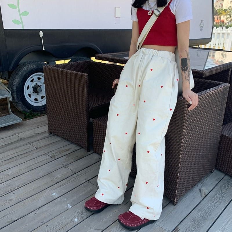 Casual Red Hearts Pants - Pants