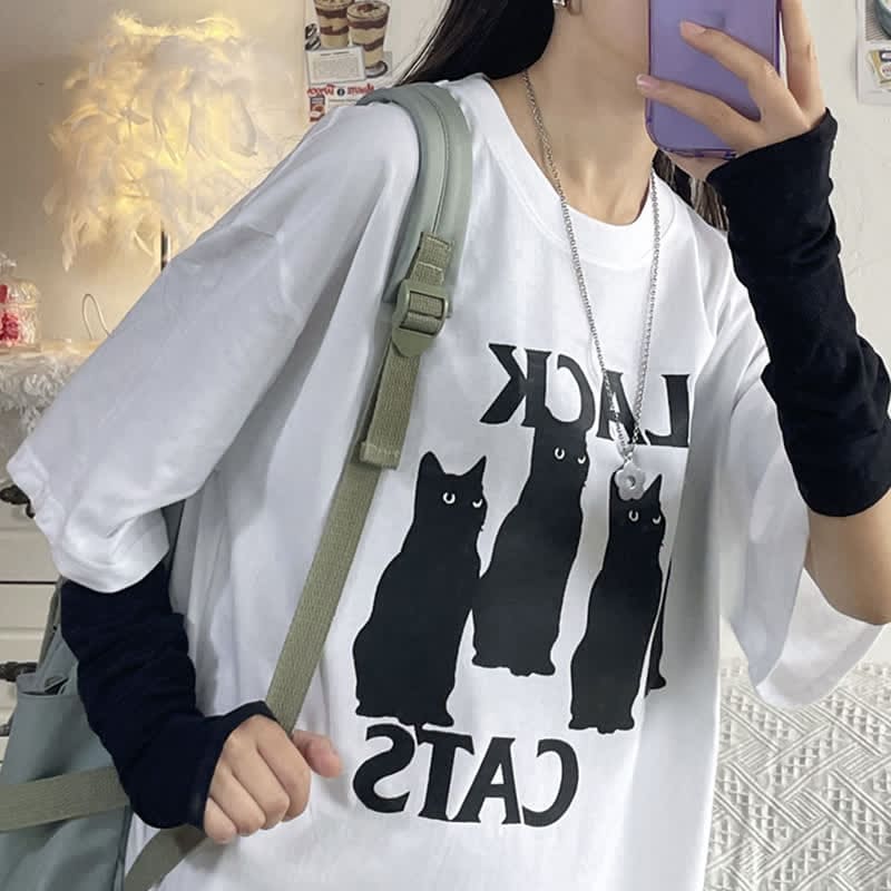 Cat Letter Print T-Shirt Casual Wide Leg Pants