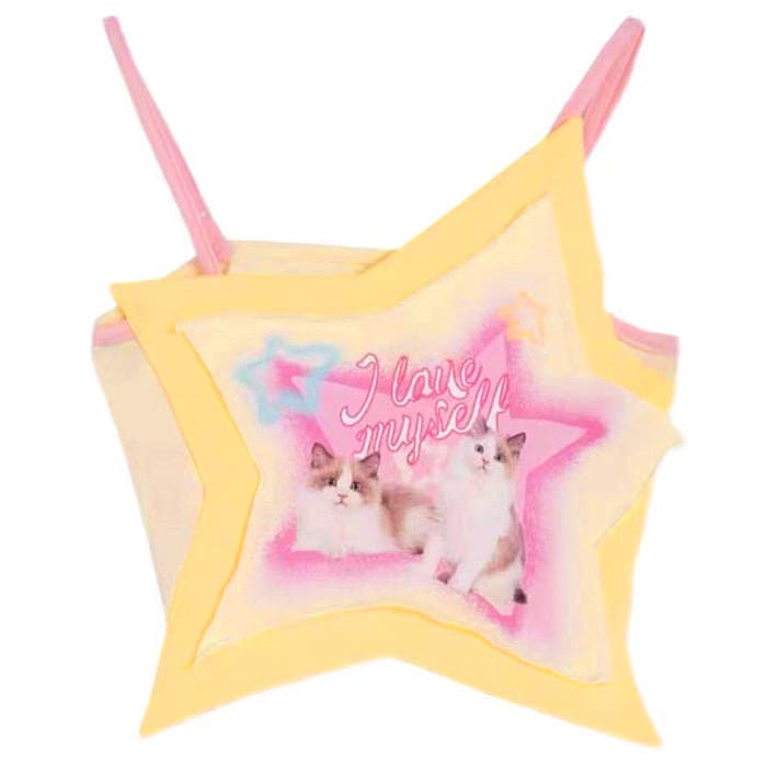 Cat Star Irregular Tank Top - S / Yellow/pink - Tops