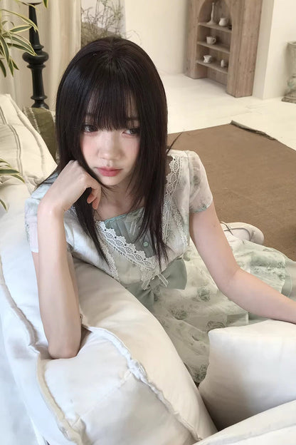 Green Floral Print Short Sleeve Bow Lace Sweet Princess Lolita Dress