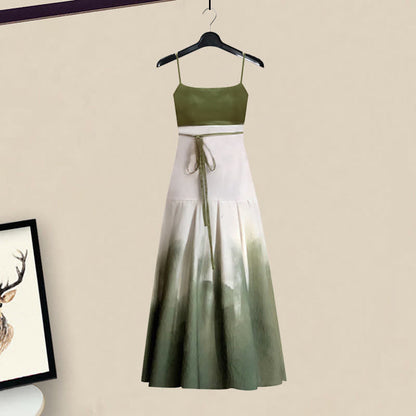 Spring Lapel Print Dress Slip Shirt Loose Green Vintage