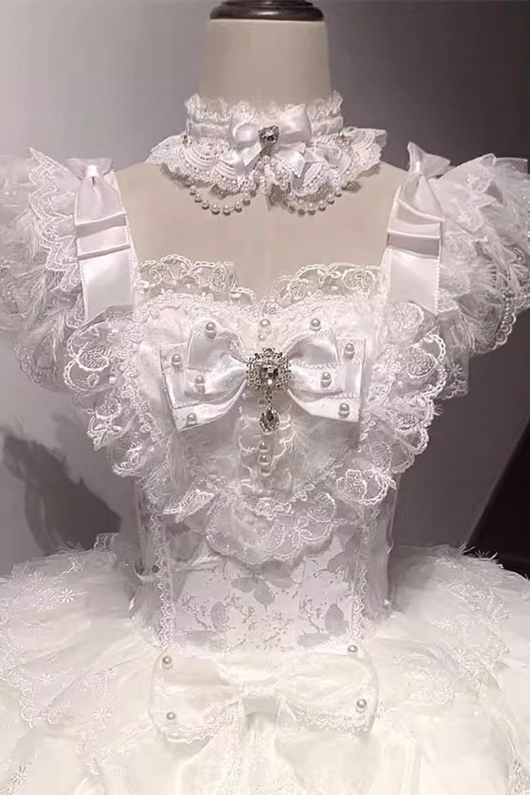 White Feathers Ballad Sleeveless Multi-Layered Ruffle Hanayome Bow Sweet Lolita Jsk Dress