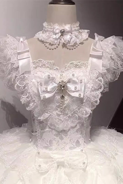 White Feathers Ballad Sleeveless Multi-Layered Ruffle Hanayome Bow Sweet Lolita Jsk Dress
