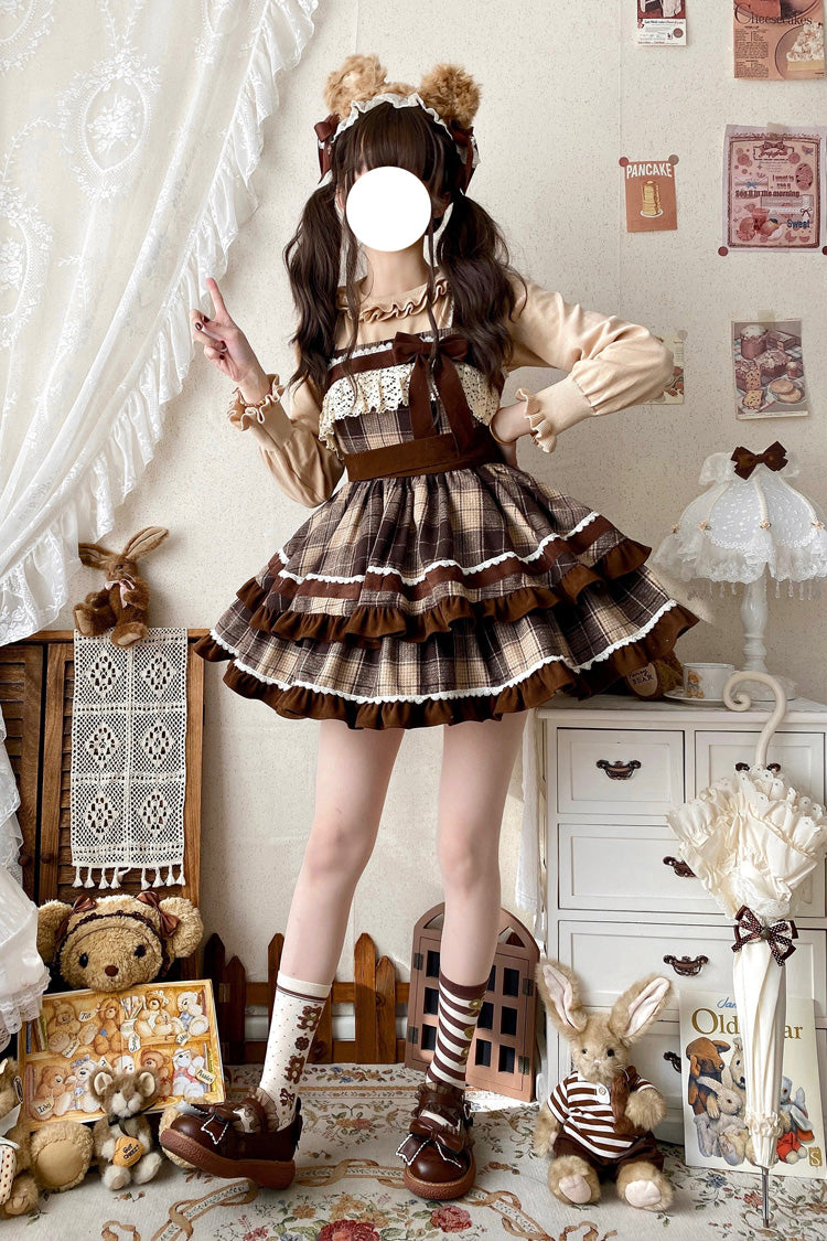 Brown Sleeveless Sweet Lolita Plaid Print Ruffle Bowknot JSK Dress