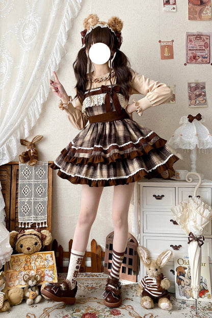 Brown Sleeveless Sweet Lolita Plaid Print Ruffle Bowknot JSK Dress